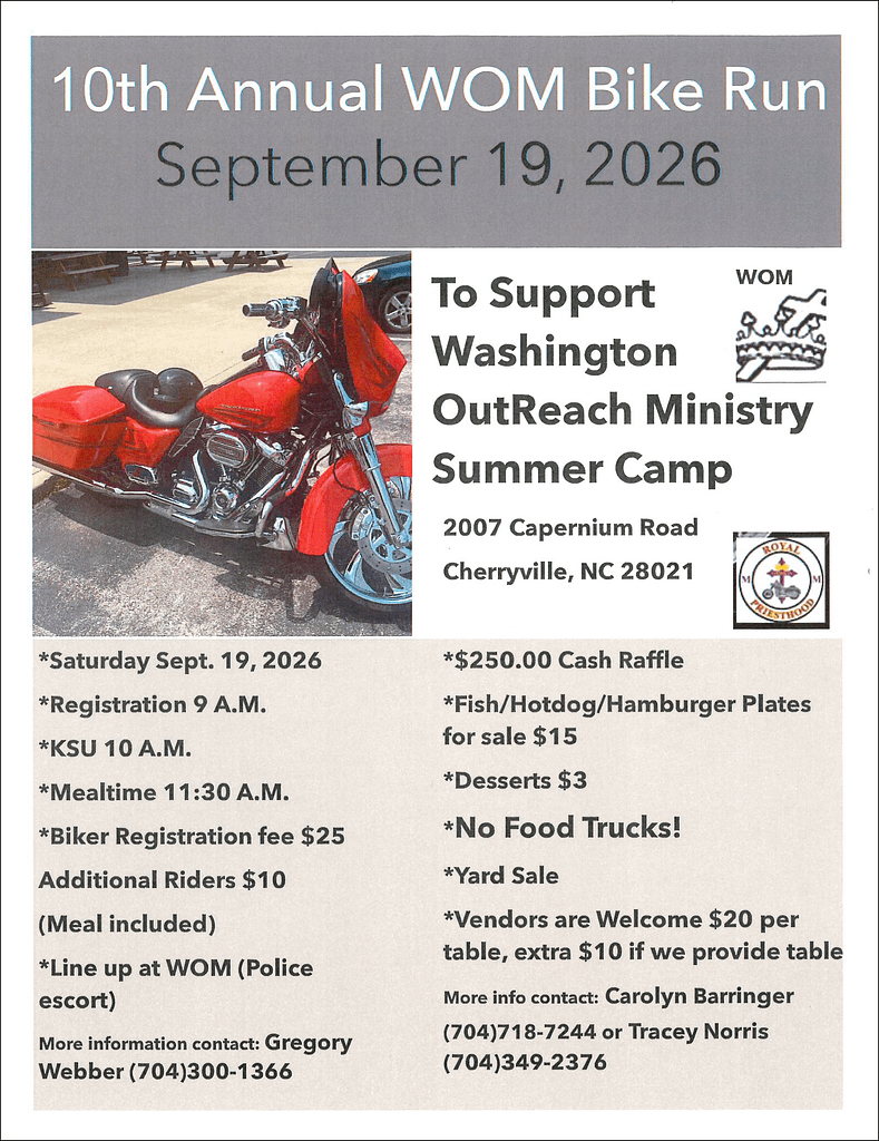 10th Annual WOM Bike Run is set for September 19, 2026 beginning at 9AM. Participate in the festivities. Sign up today!